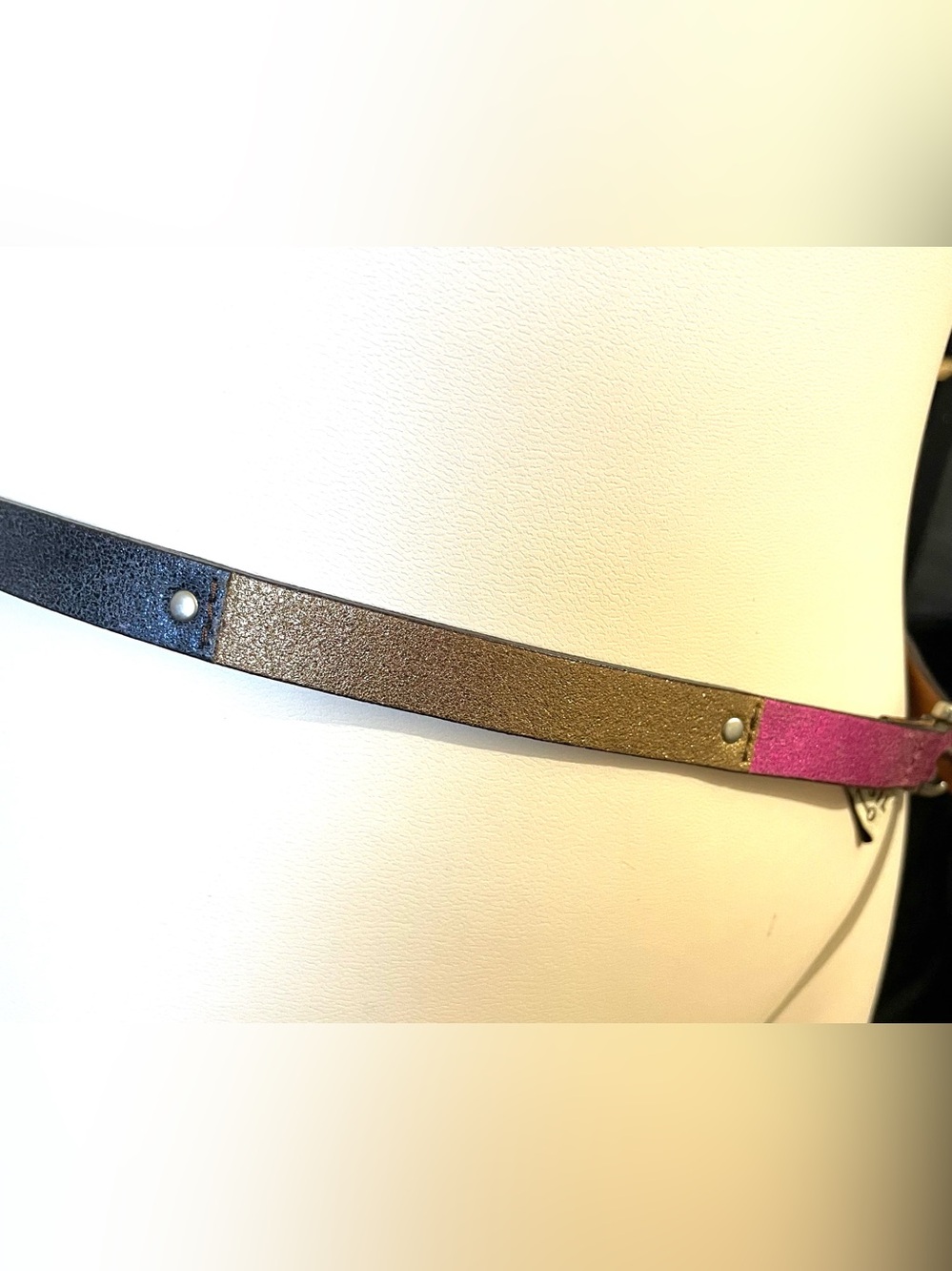 Fossil Multicolor Shimmer Leather Patchwork Skinny Belt Pink Gold Silver Navy Y2